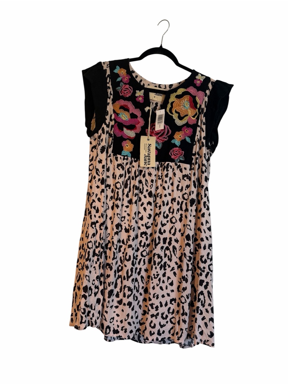 Savanna Jane NWT | size M| leopard print and black embroidered floral dress